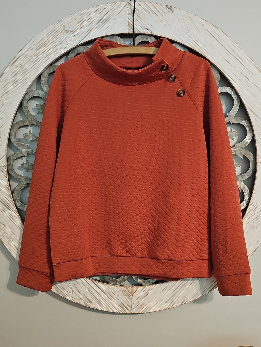 SHEIN Rust Quilted Mock Neck Sweater with Button Accent